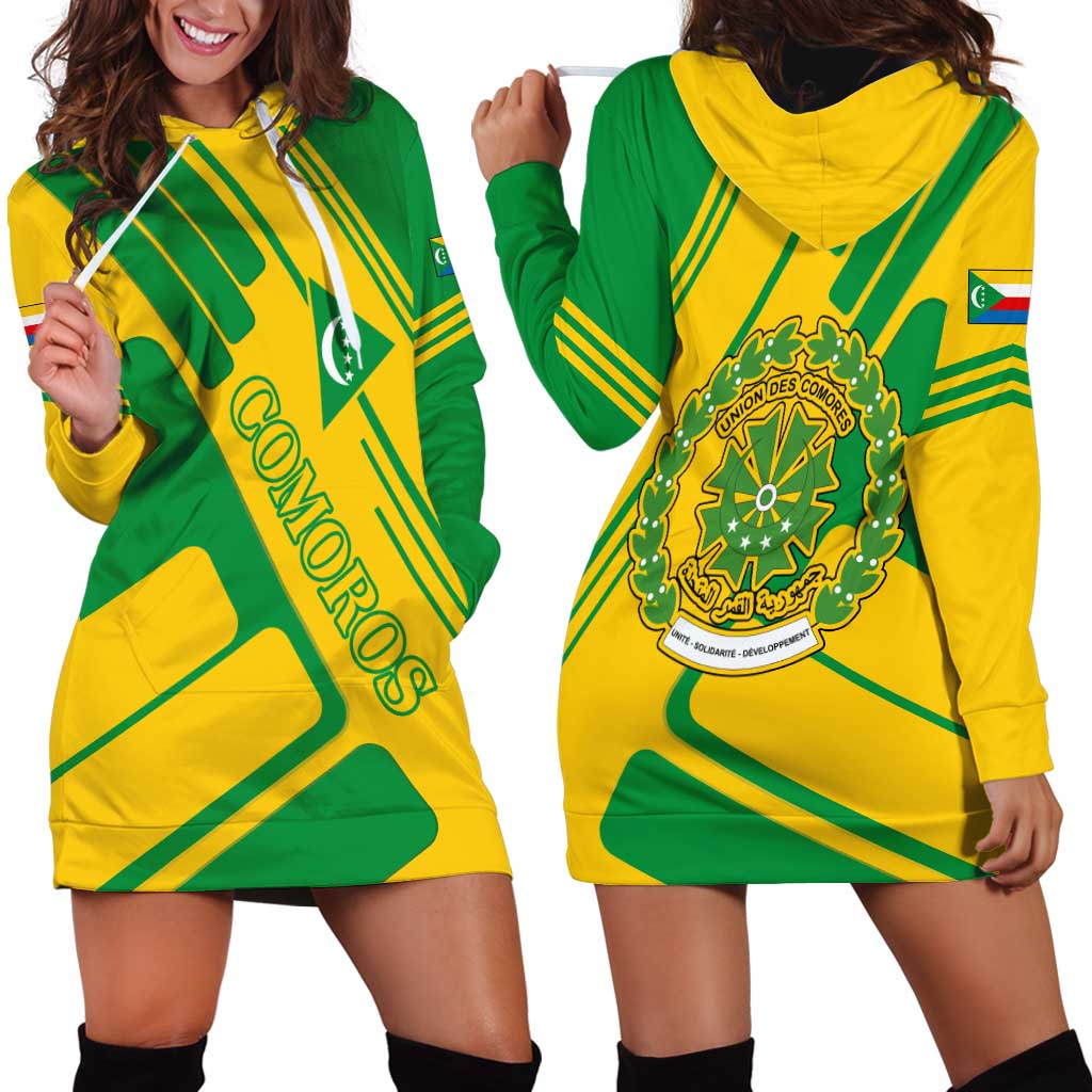 Comoros Flag Hoodie Dress with Green and Yellow Design and National Emblem