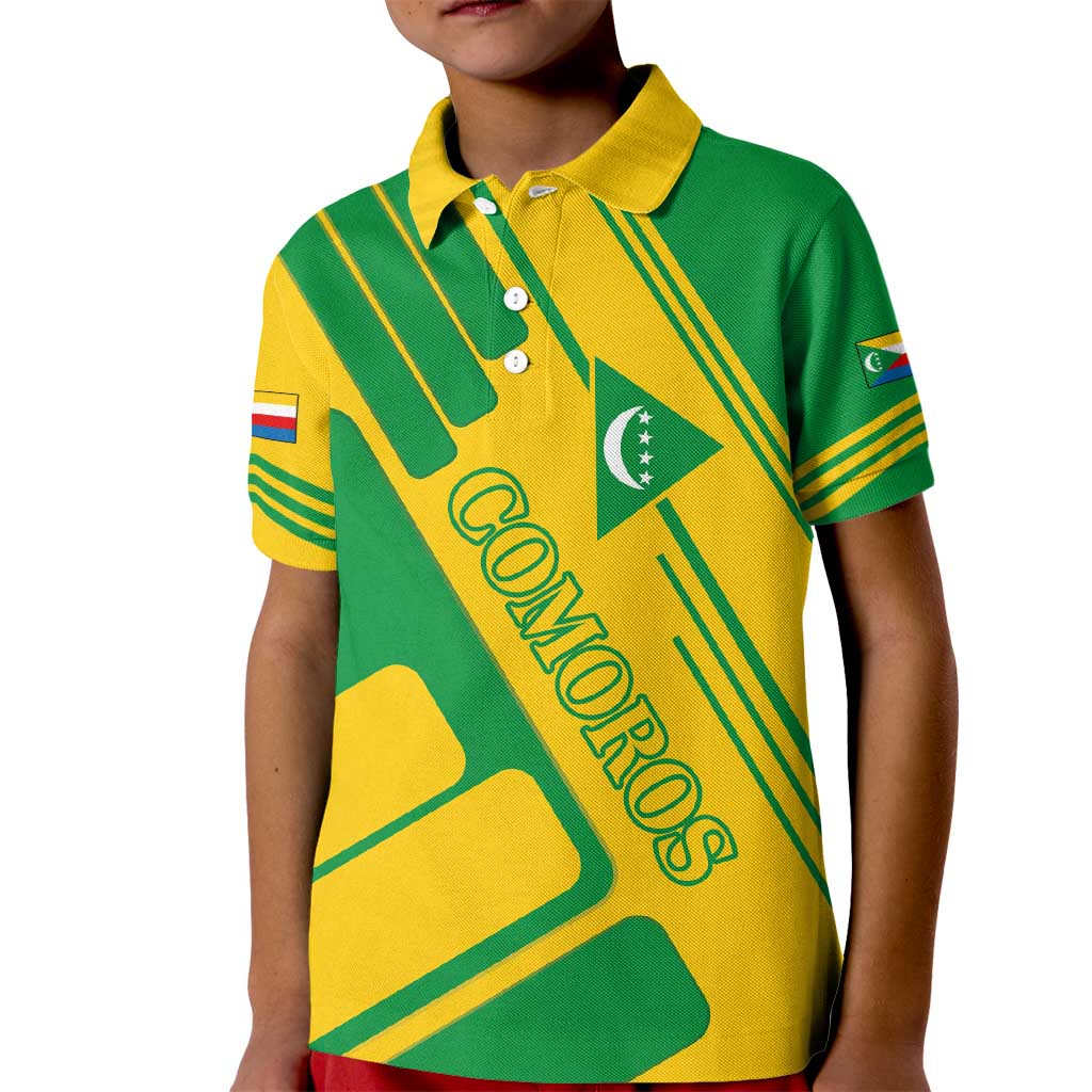 Comoros Flag Kid Polo Shirt with Green and Yellow Design and National Emblem