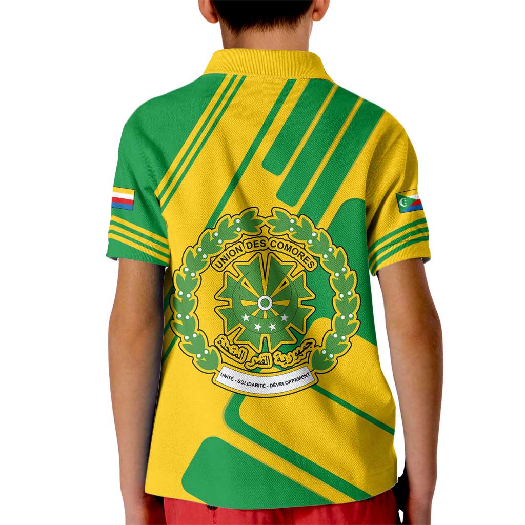 Comoros Flag Kid Polo Shirt with Green and Yellow Design and National Emblem