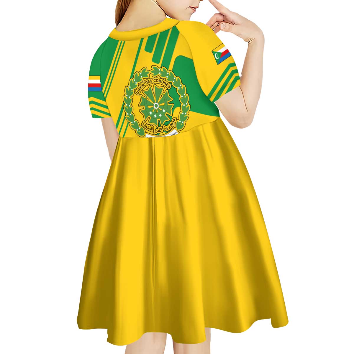 Comoros Flag Kid Short Sleeve Dress with Green and Yellow Design and National Emblem