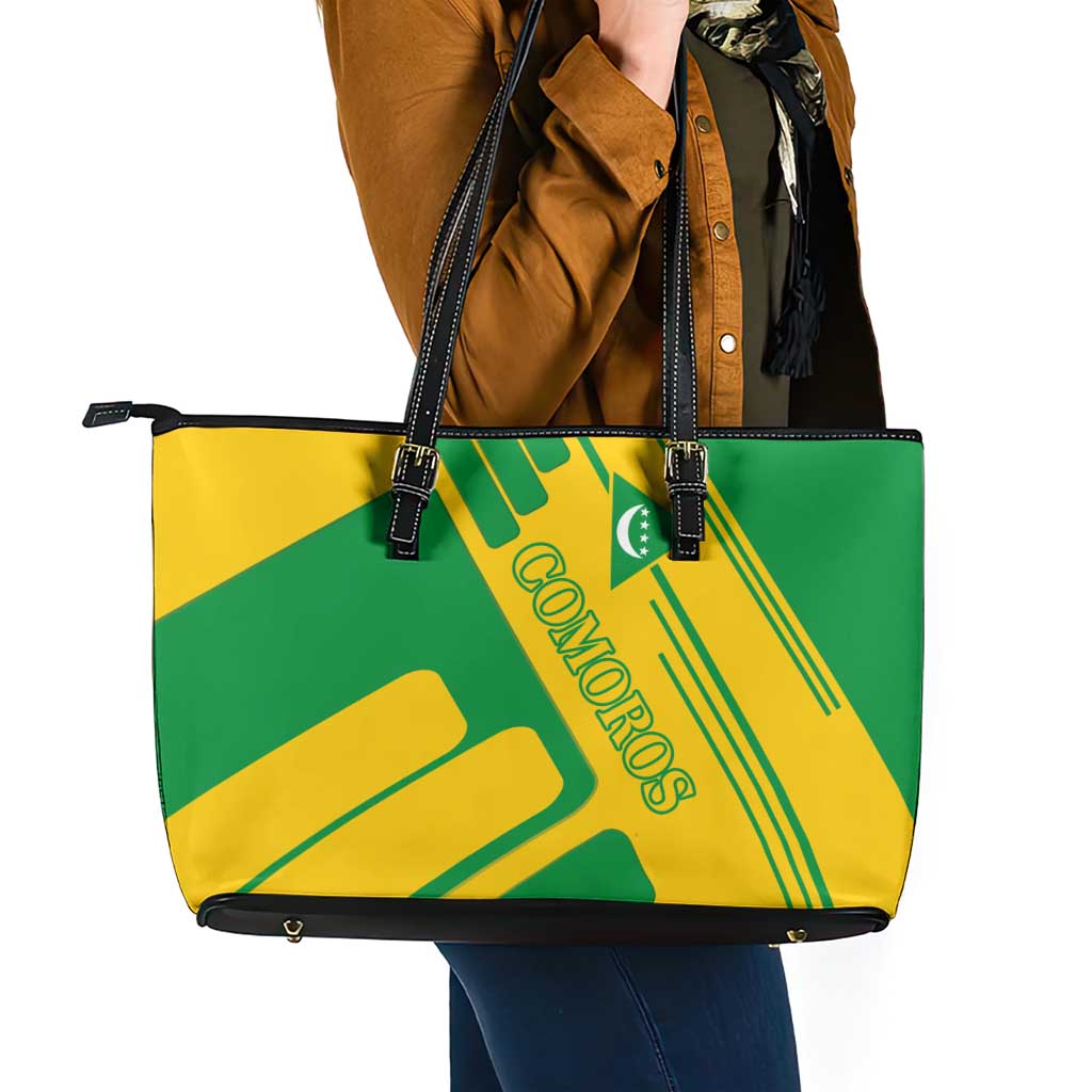 Comoros Flag Leather Tote Bag with Green and Yellow Design and National Emblem