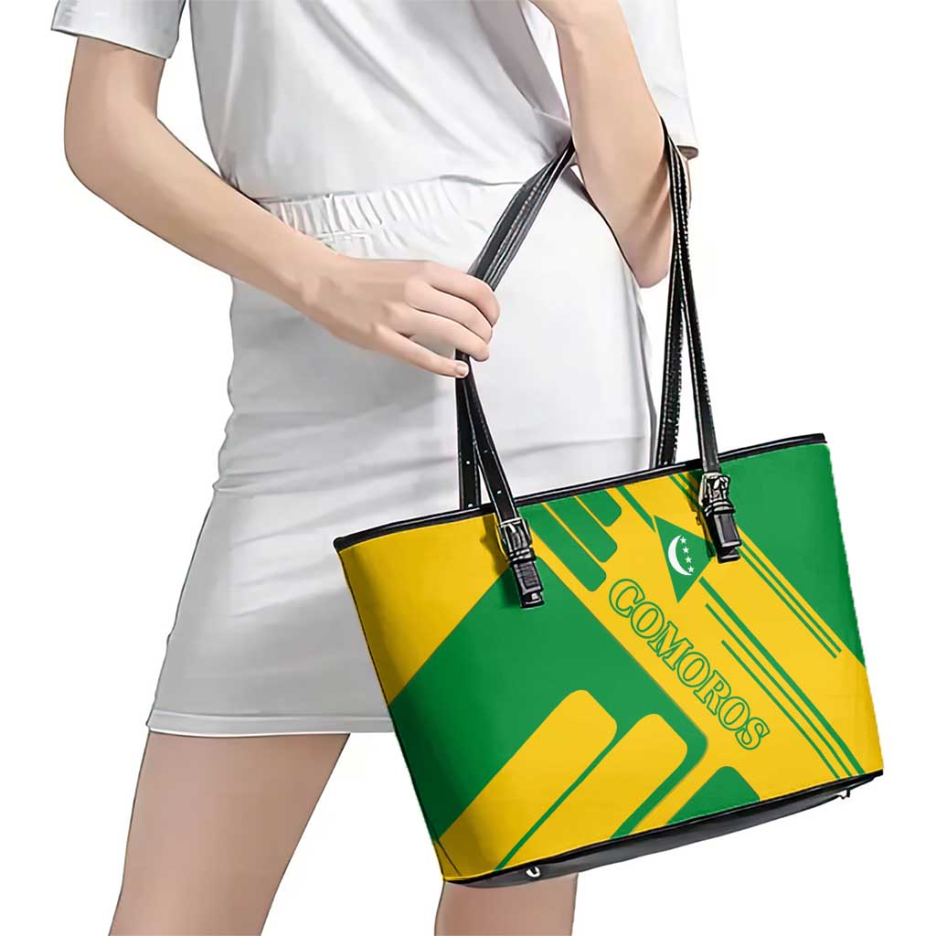 Comoros Flag Leather Tote Bag with Green and Yellow Design and National Emblem