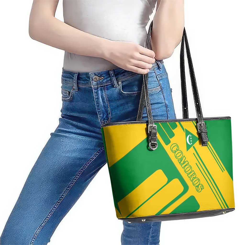 Comoros Flag Leather Tote Bag with Green and Yellow Design and National Emblem