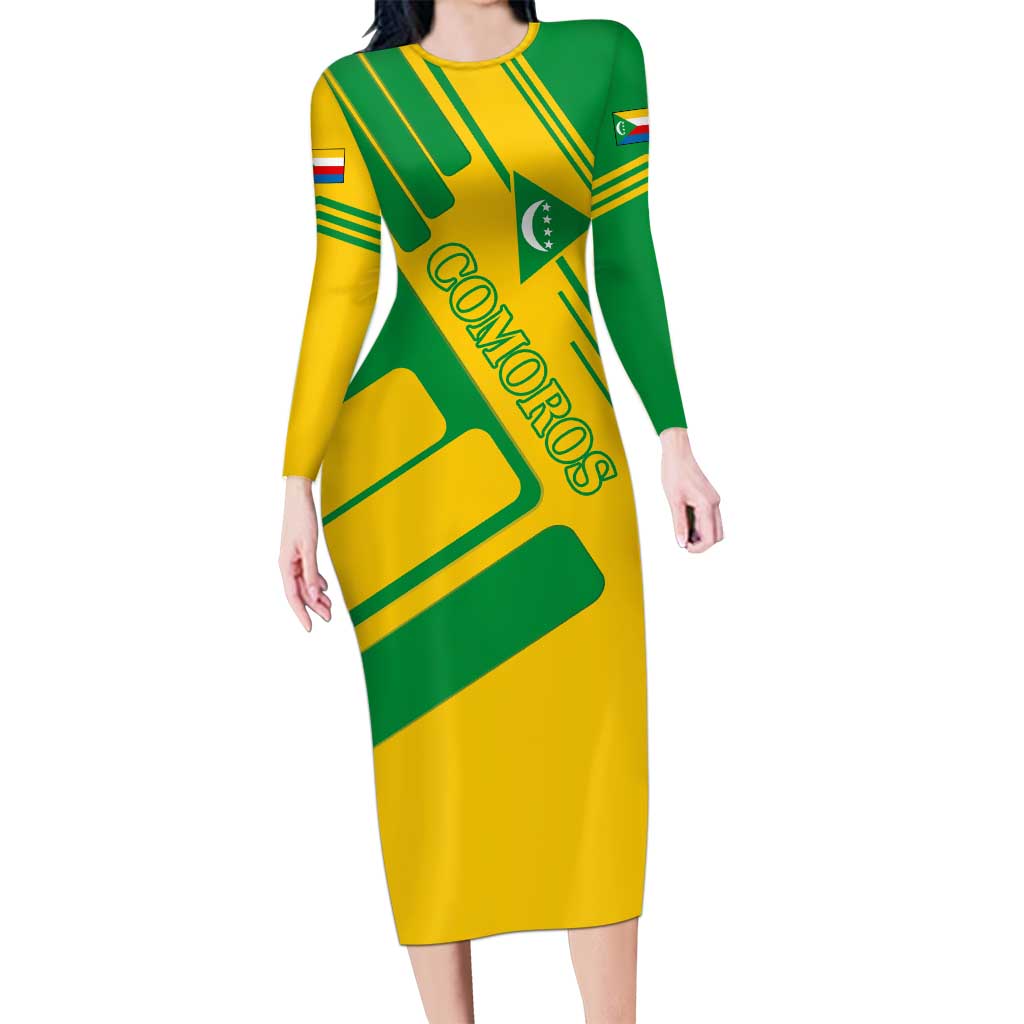 Comoros Flag Long Sleeve Bodycon Dress with Green and Yellow Design and National Emblem