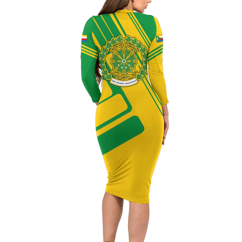 Comoros Flag Long Sleeve Bodycon Dress with Green and Yellow Design and National Emblem