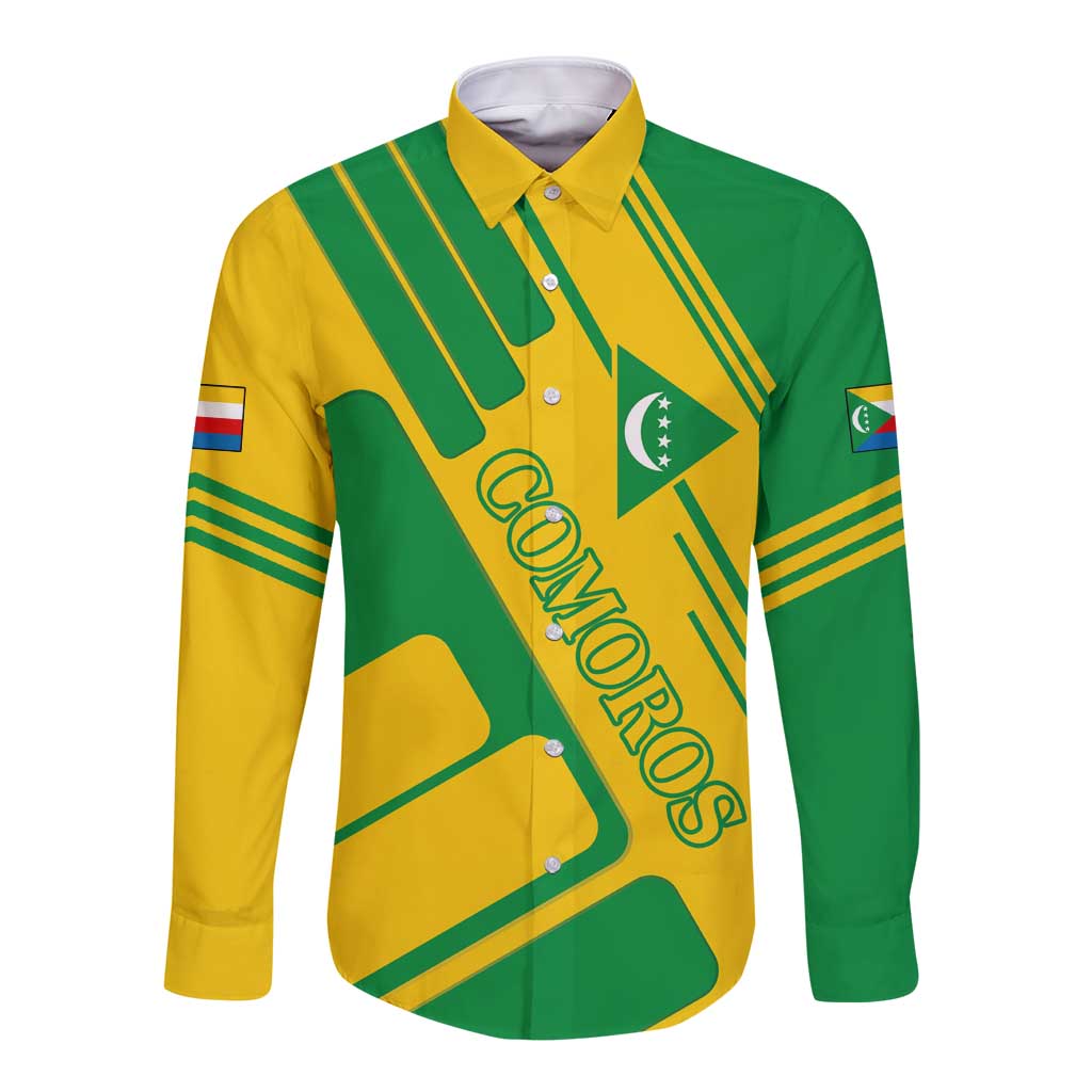 Comoros Flag Long Sleeve Button Shirt with Green and Yellow Design and National Emblem