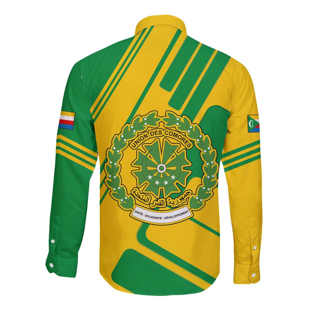 Comoros Flag Long Sleeve Button Shirt with Green and Yellow Design and National Emblem