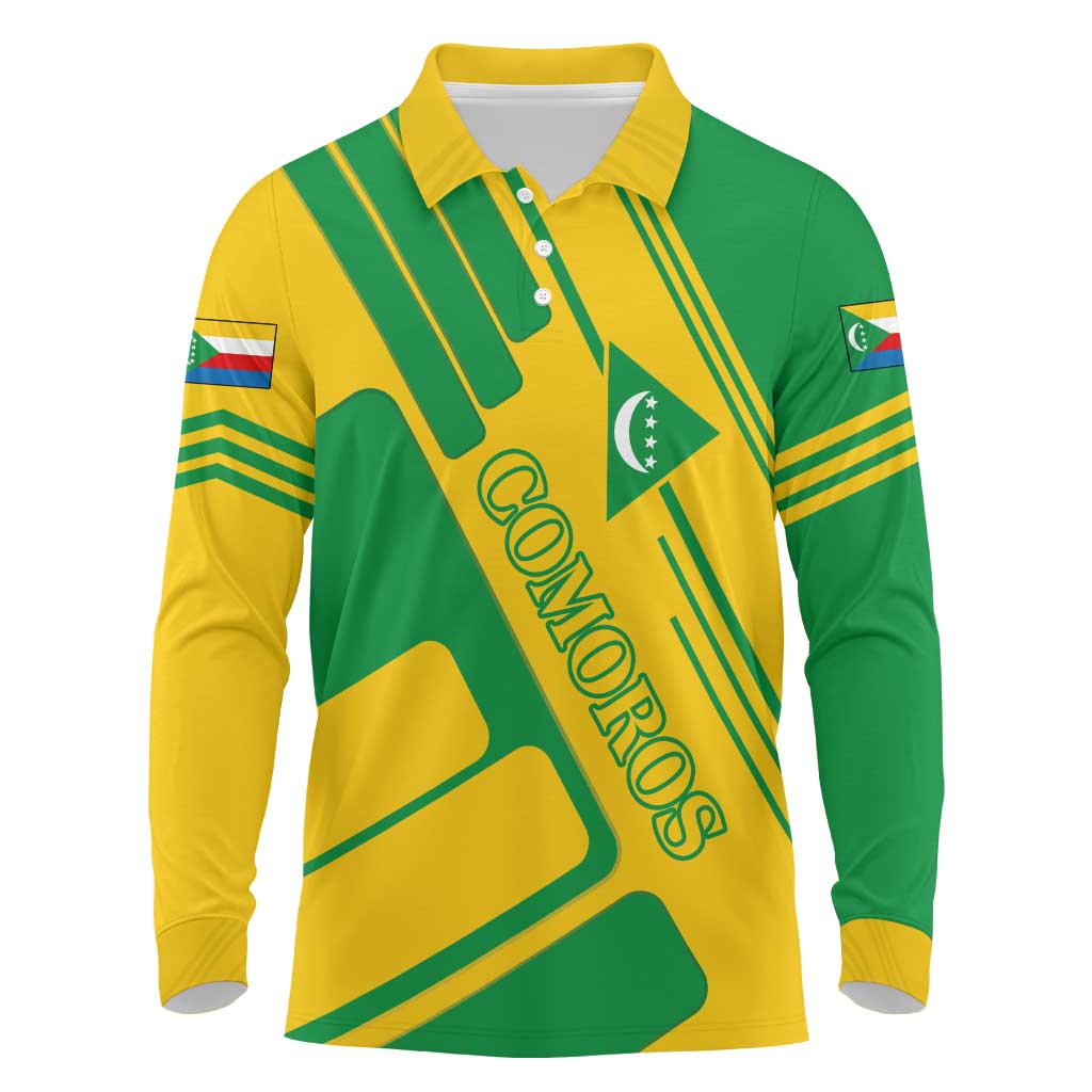 Comoros Flag Long Sleeve Polo Shirt with Green and Yellow Design and National Emblem