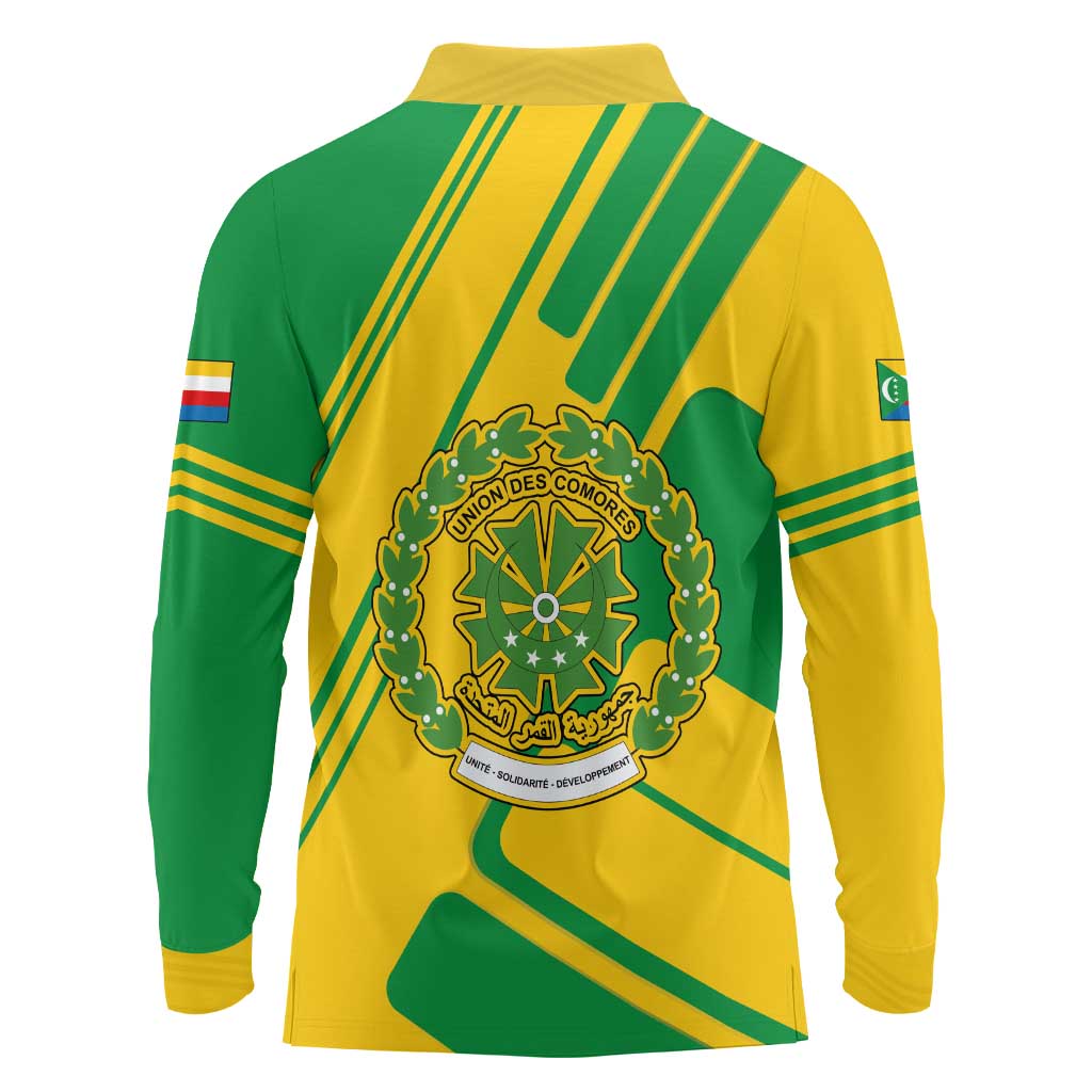 Comoros Flag Long Sleeve Polo Shirt with Green and Yellow Design and National Emblem