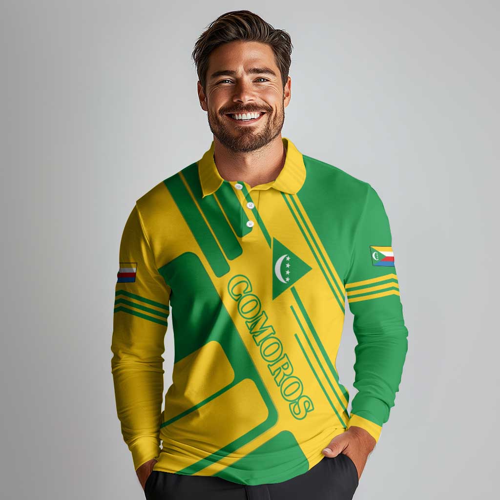Comoros Flag Long Sleeve Polo Shirt with Green and Yellow Design and National Emblem