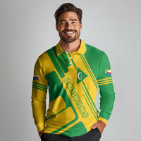 Comoros Flag Long Sleeve Polo Shirt with Green and Yellow Design and National Emblem