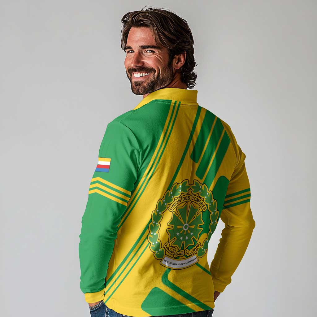 Comoros Flag Long Sleeve Polo Shirt with Green and Yellow Design and National Emblem