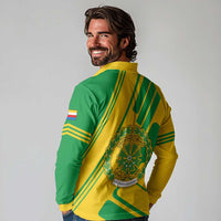 Comoros Flag Long Sleeve Polo Shirt with Green and Yellow Design and National Emblem
