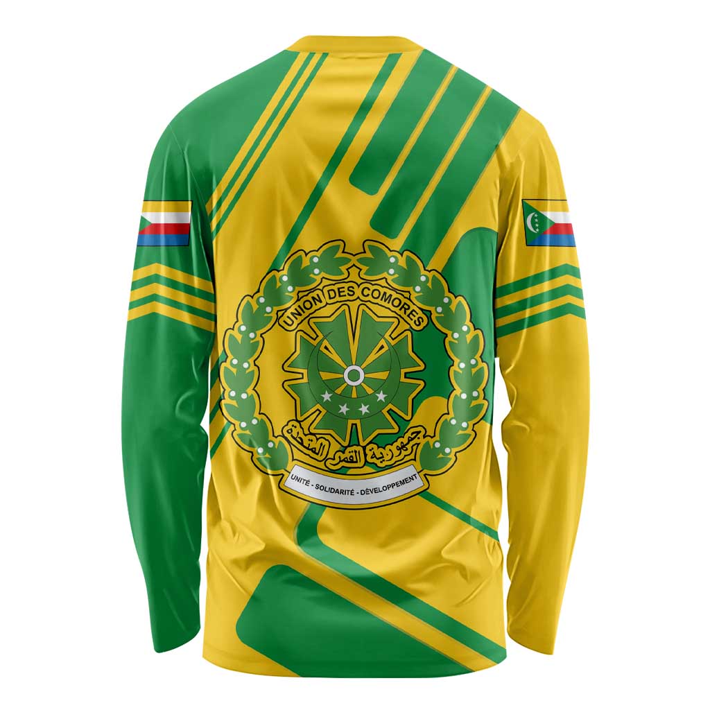 Comoros Flag Long Sleeve Shirt with Green and Yellow Design and National Emblem