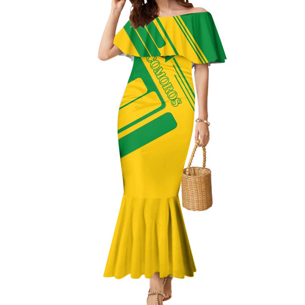 Comoros Flag Mermaid Dress with Green and Yellow Design and National Emblem