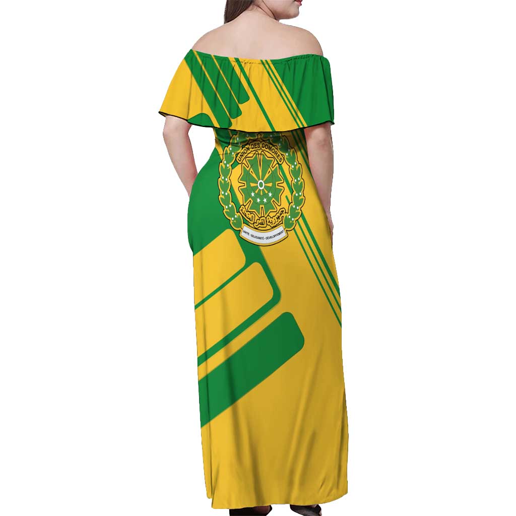 Comoros Flag Off Shoulder Maxi Dress with Green and Yellow Design and National Emblem
