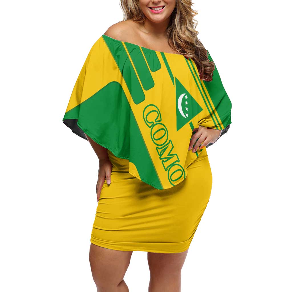 Comoros Flag Off Shoulder Short Dress with Green and Yellow Design and National Emblem