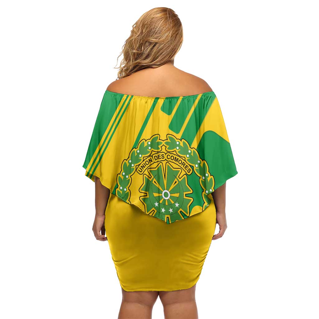Comoros Flag Off Shoulder Short Dress with Green and Yellow Design and National Emblem