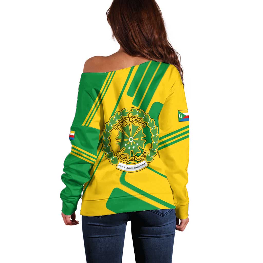 Comoros Flag Off Shoulder Sweater with Green and Yellow Design and National Emblem