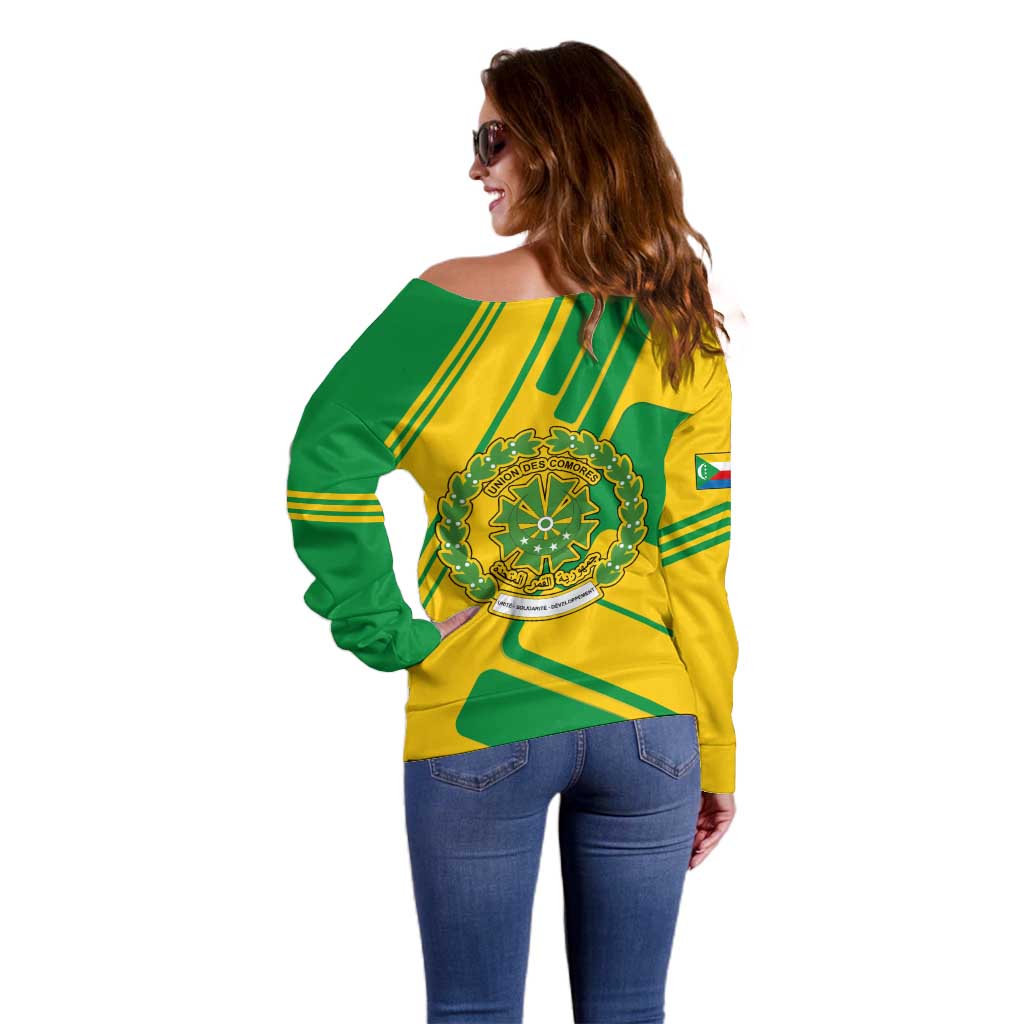 Comoros Flag Off Shoulder Sweater with Green and Yellow Design and National Emblem
