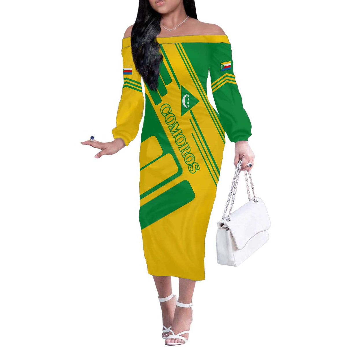 Comoros Flag Off The Shoulder Long Sleeve Dress with Green and Yellow Design and National Emblem