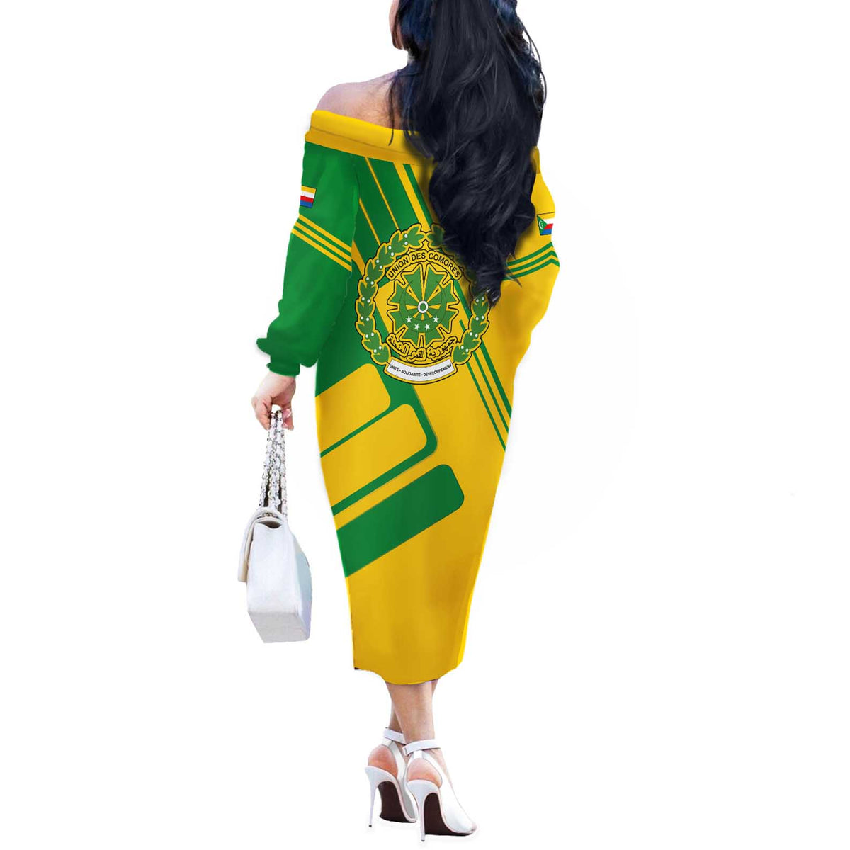 Comoros Flag Off The Shoulder Long Sleeve Dress with Green and Yellow Design and National Emblem