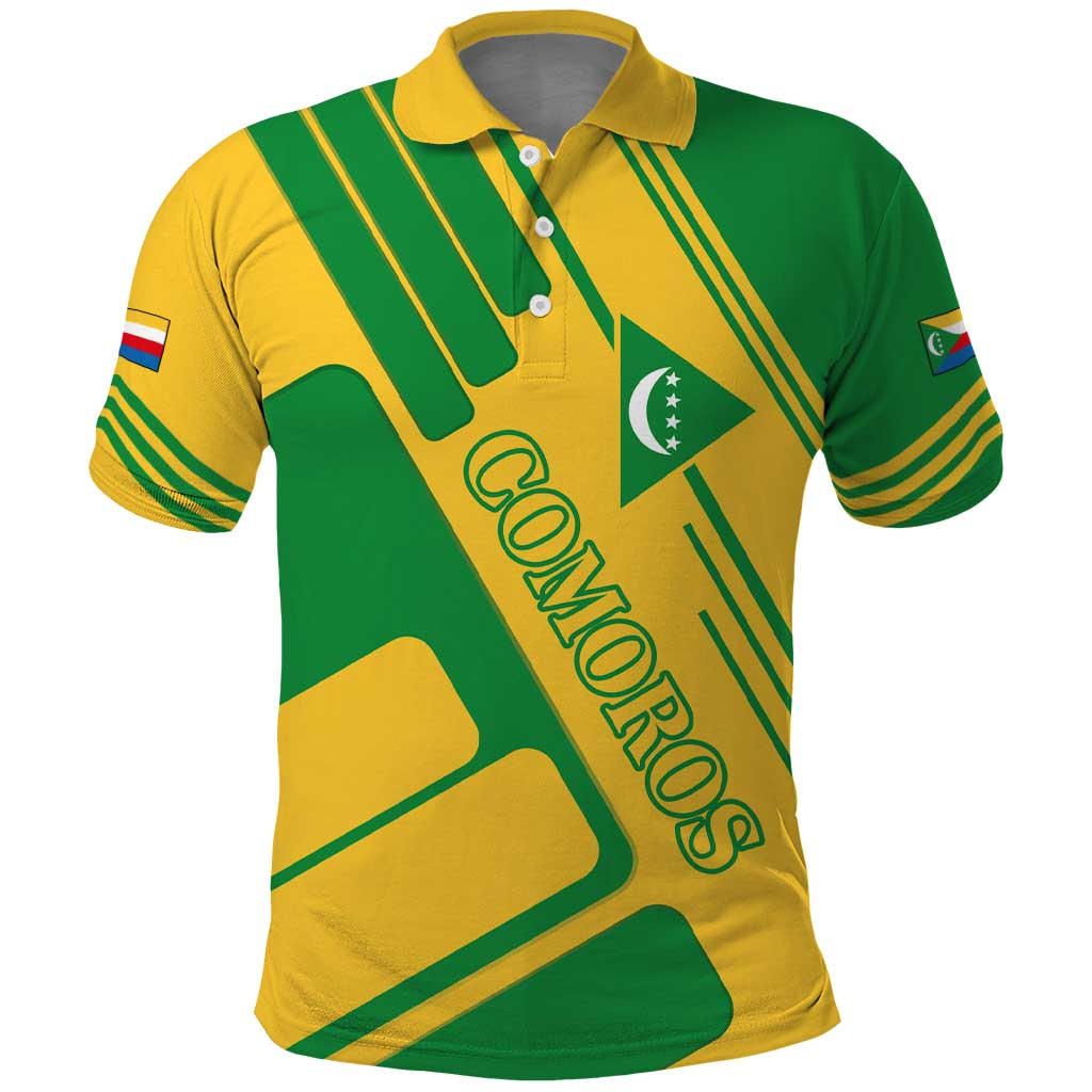 Comoros Flag Polo Shirt with Green and Yellow Design and National Emblem