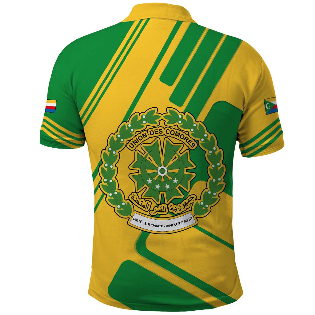 Comoros Flag Polo Shirt with Green and Yellow Design and National Emblem