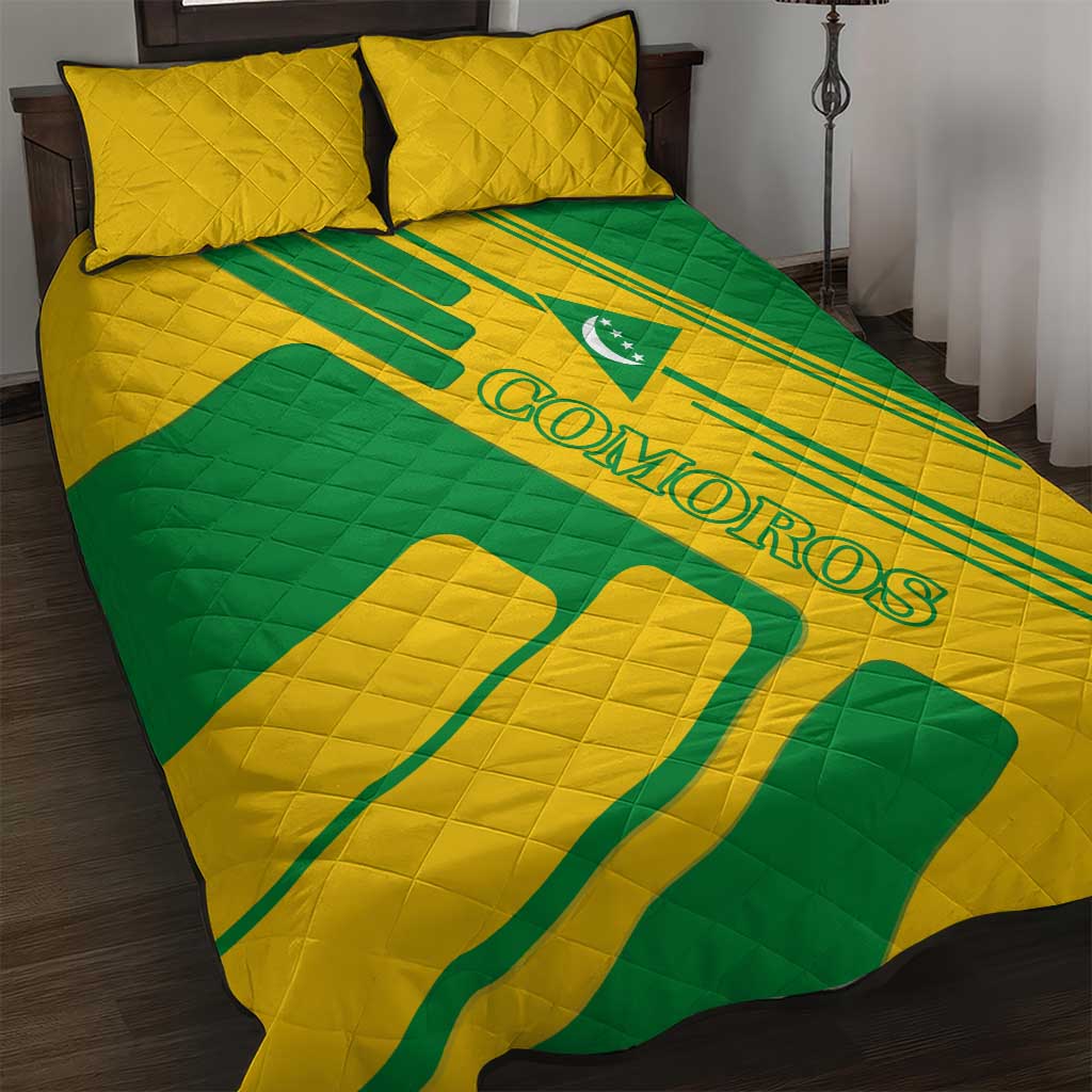 Comoros Flag Quilt Bed Set with Green and Yellow Design and National Emblem
