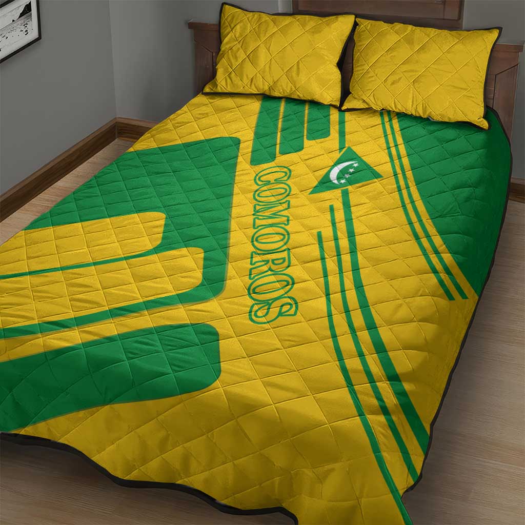 Comoros Flag Quilt Bed Set with Green and Yellow Design and National Emblem