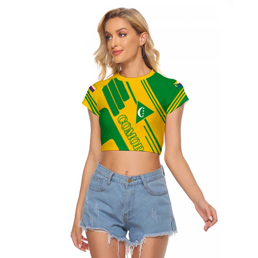 Comoros Flag Raglan Cropped T Shirt with Green and Yellow Design and National Emblem