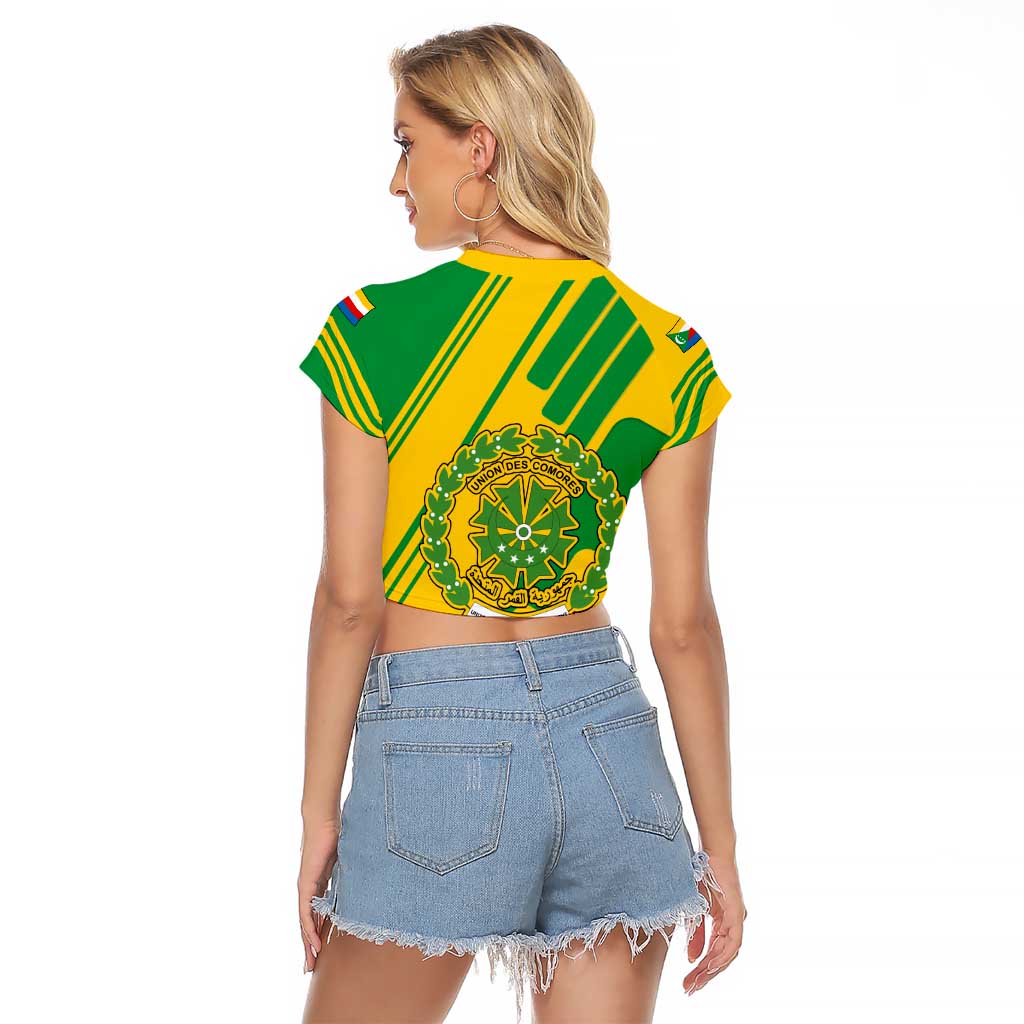 Comoros Flag Raglan Cropped T Shirt with Green and Yellow Design and National Emblem