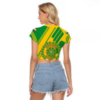 Comoros Flag Raglan Cropped T Shirt with Green and Yellow Design and National Emblem