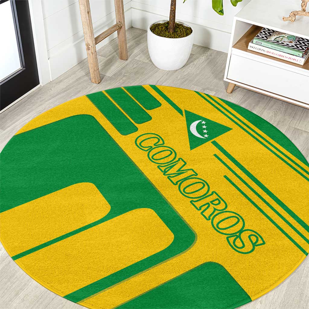 Comoros Flag Round Carpet with Green and Yellow Design and National Emblem
