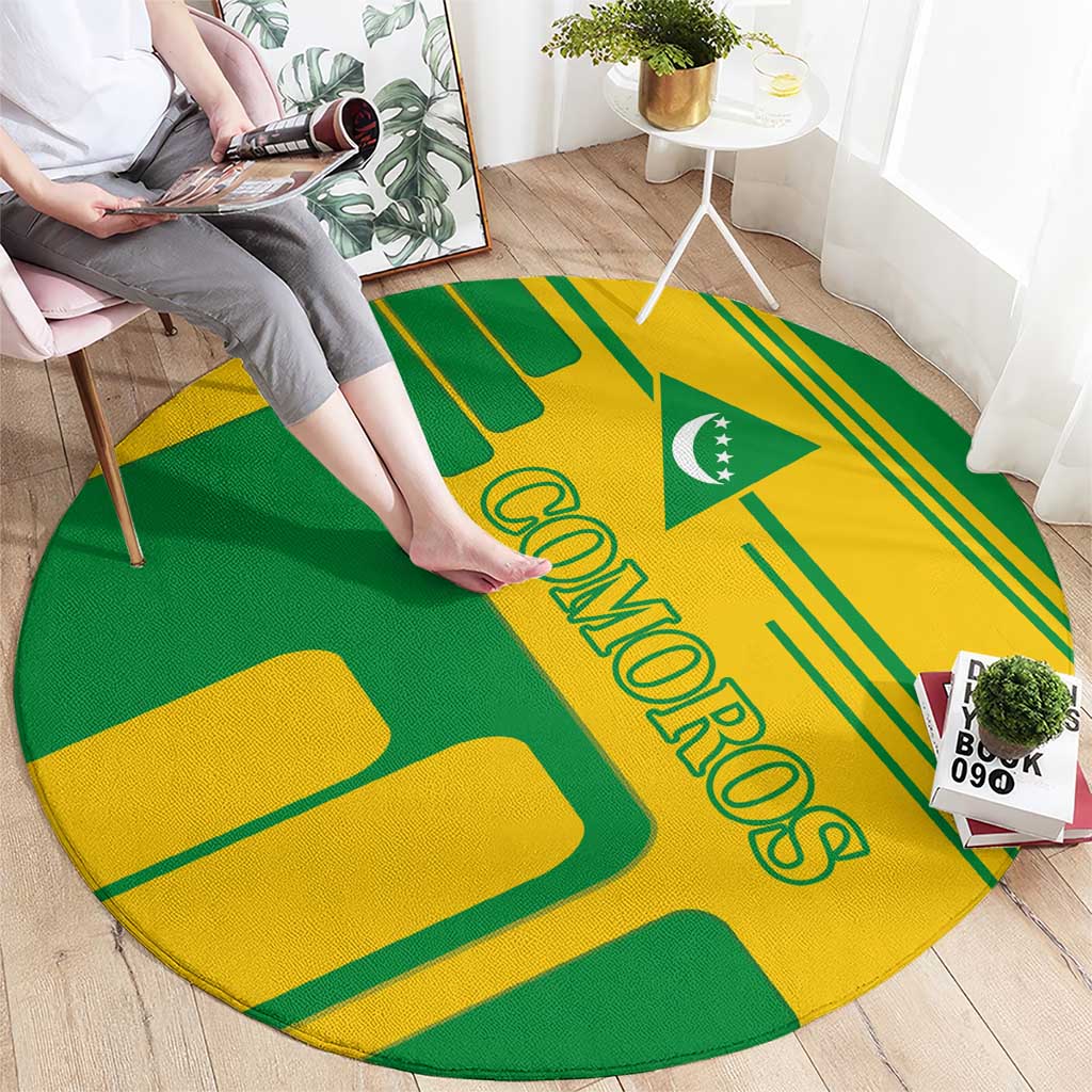 Comoros Flag Round Carpet with Green and Yellow Design and National Emblem