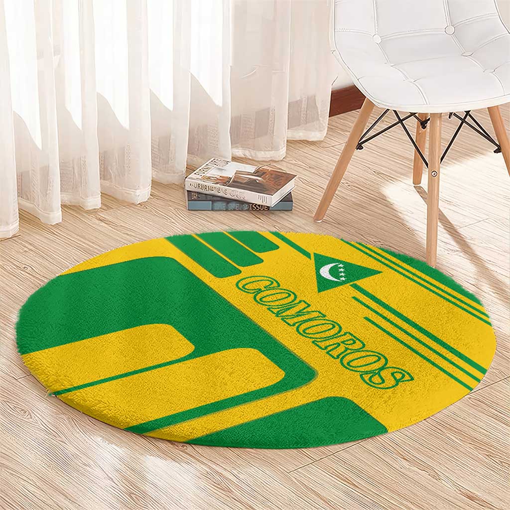 Comoros Flag Round Carpet with Green and Yellow Design and National Emblem