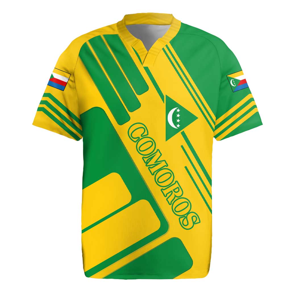 Comoros Flag Rugby Jersey with Green and Yellow Design and National Emblem