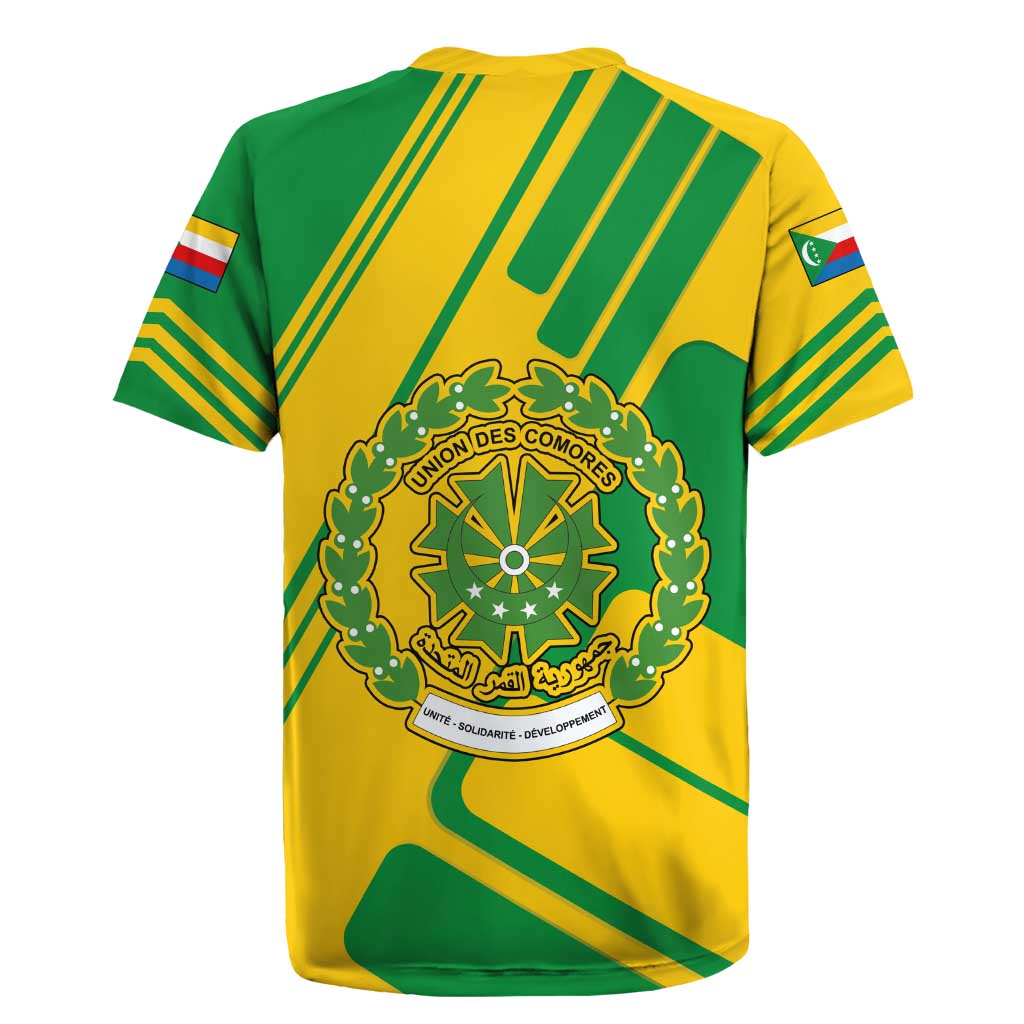 Comoros Flag Rugby Jersey with Green and Yellow Design and National Emblem