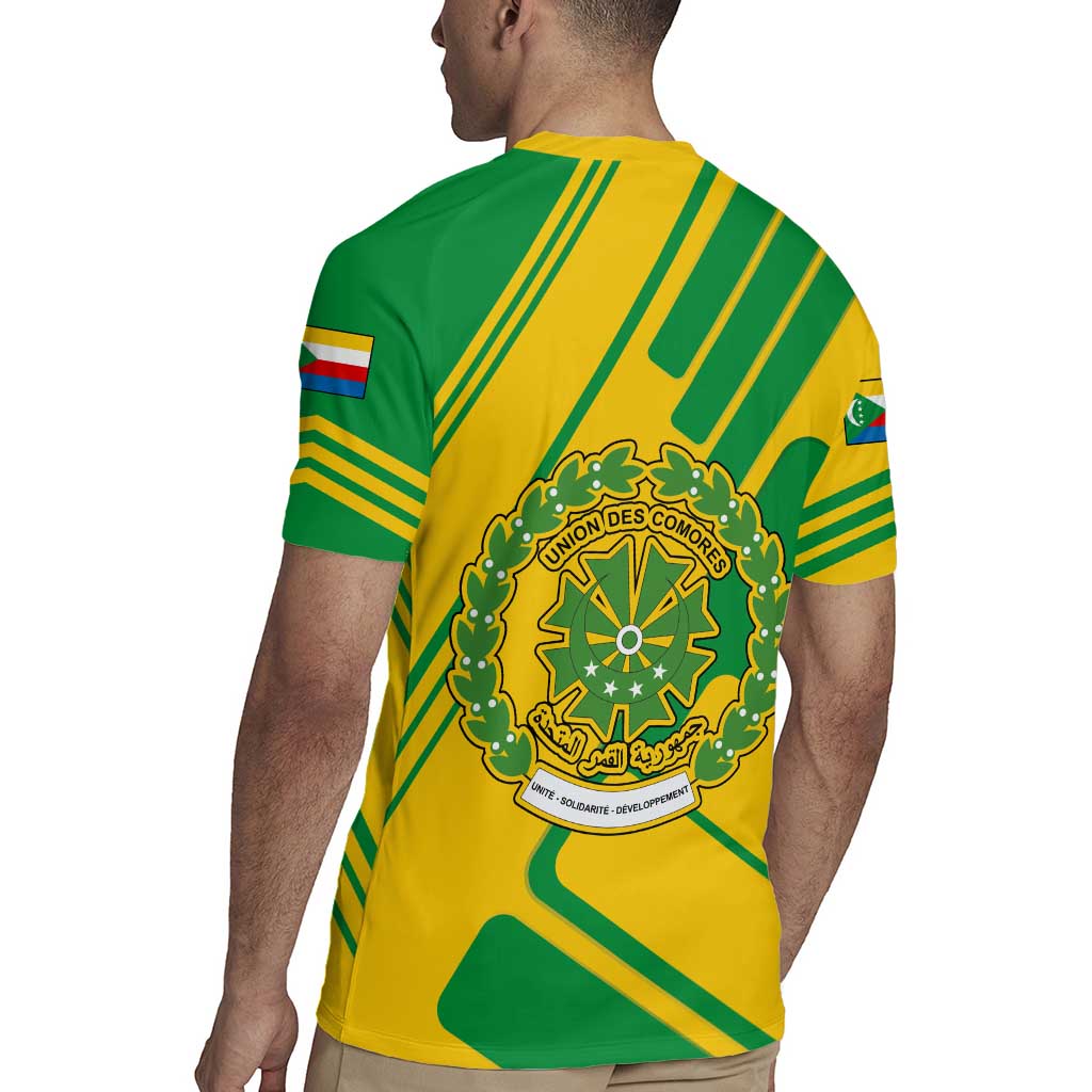 Comoros Flag Rugby Jersey with Green and Yellow Design and National Emblem