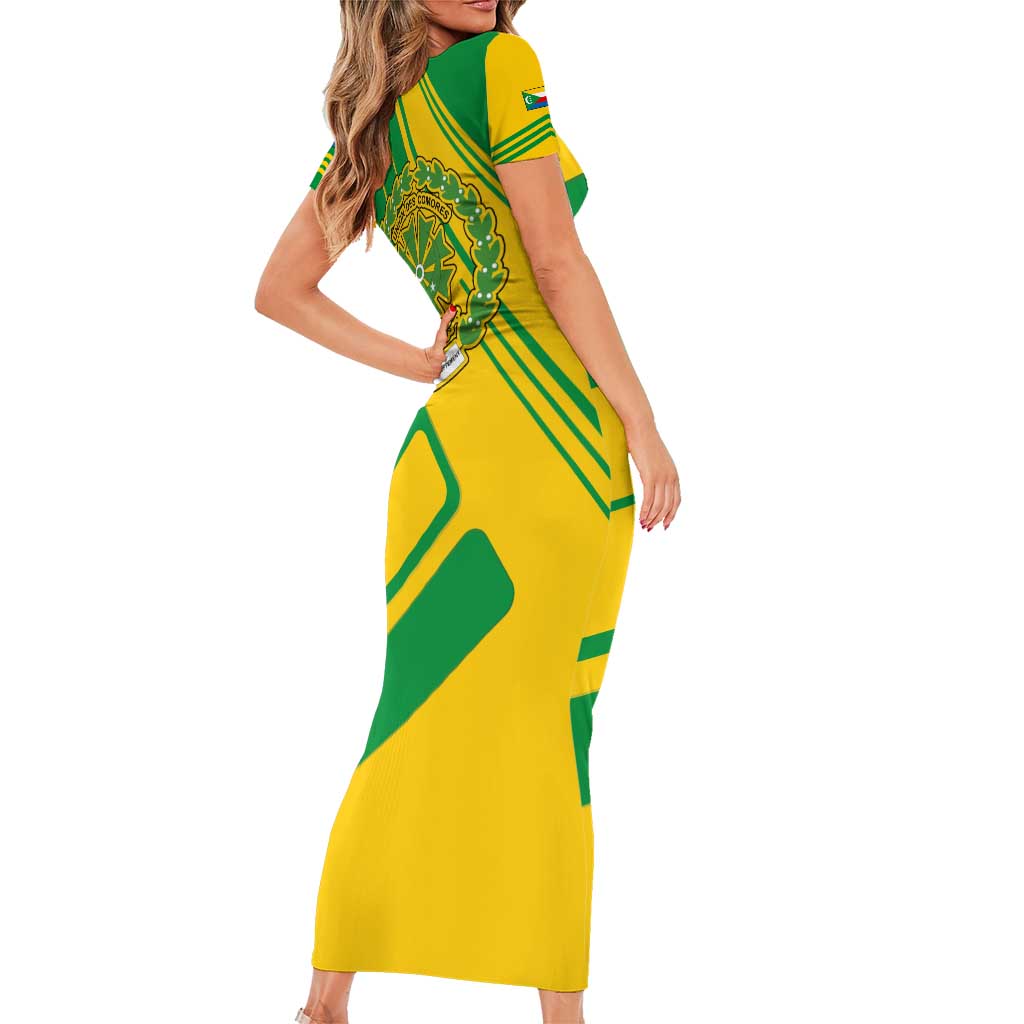 Comoros Flag Short Sleeve Bodycon Dress with Green and Yellow Design and National Emblem
