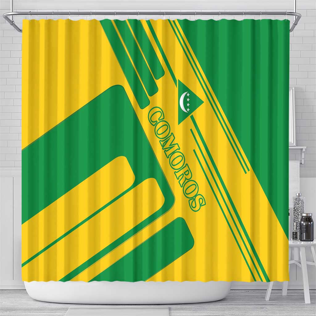 Comoros Flag Shower Curtain with Green and Yellow Design and National Emblem