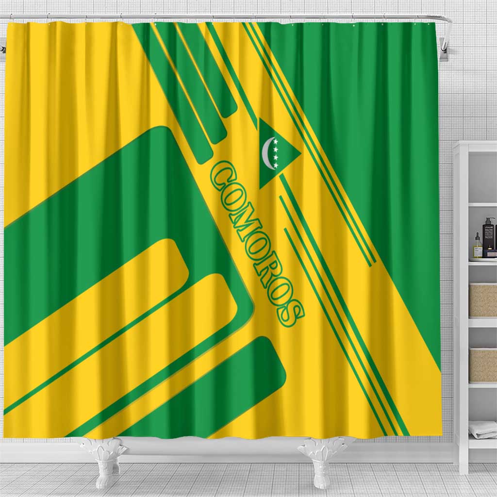 Comoros Flag Shower Curtain with Green and Yellow Design and National Emblem
