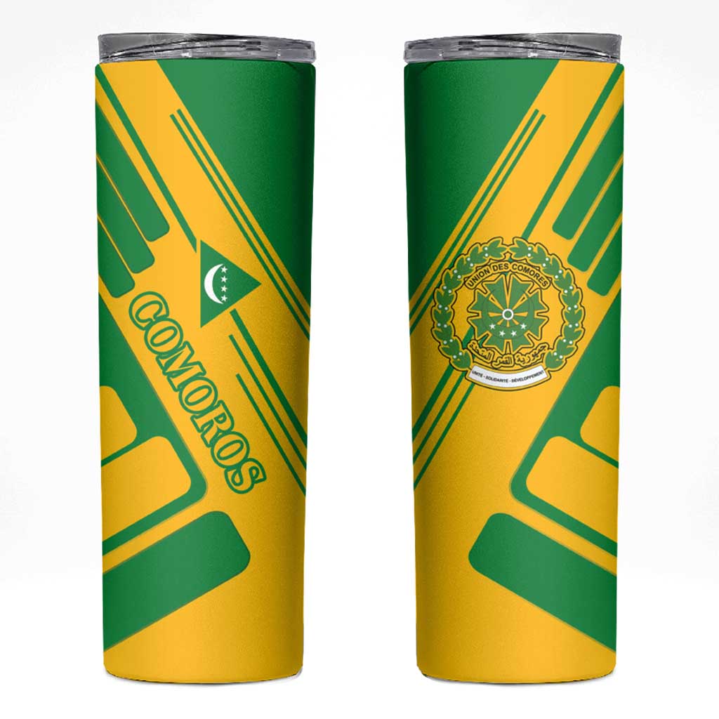 Comoros Flag Skinny Tumbler with Green and Yellow Design and National Emblem