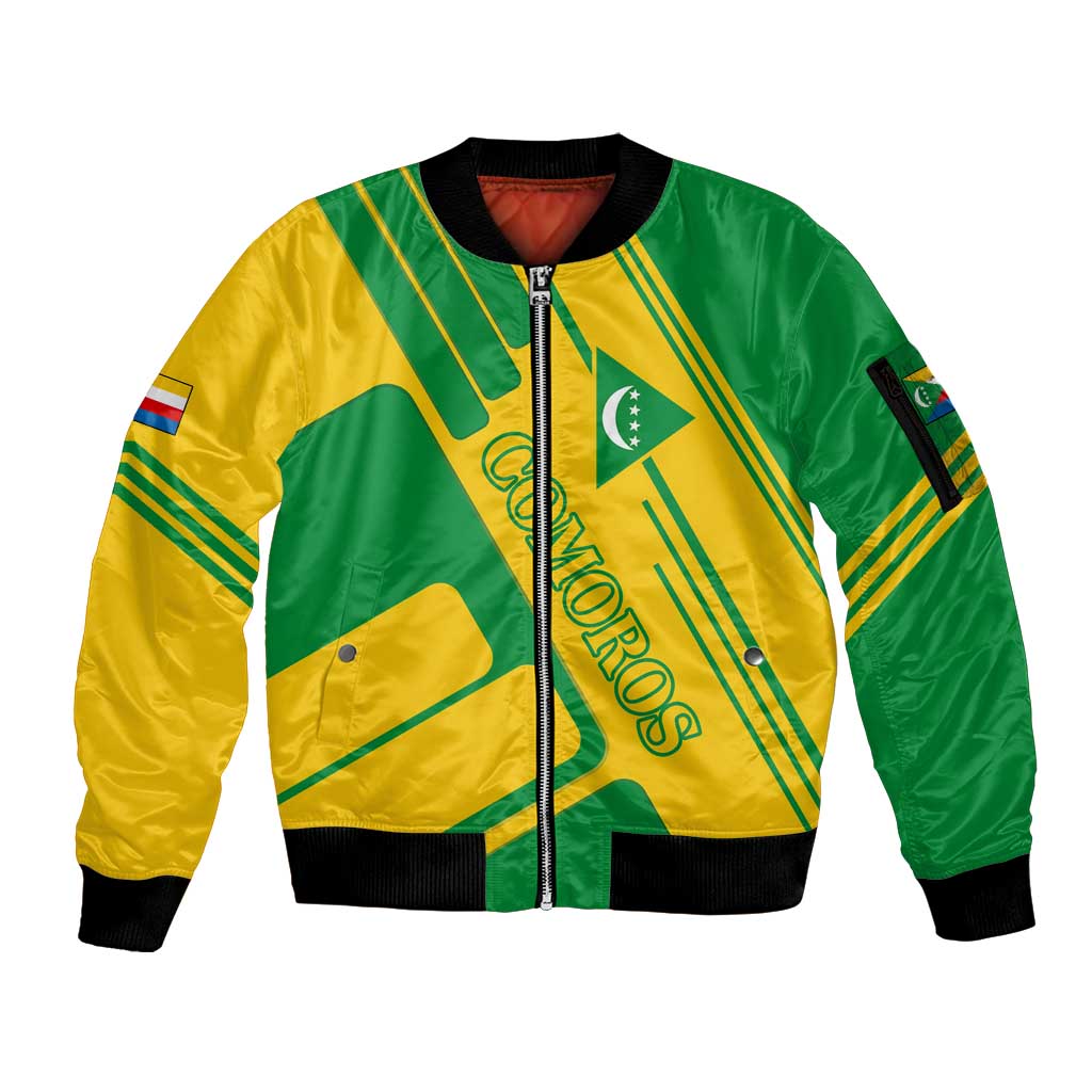 Comoros Flag Sleeve Zip Bomber Jacket with Green and Yellow Design and National Emblem