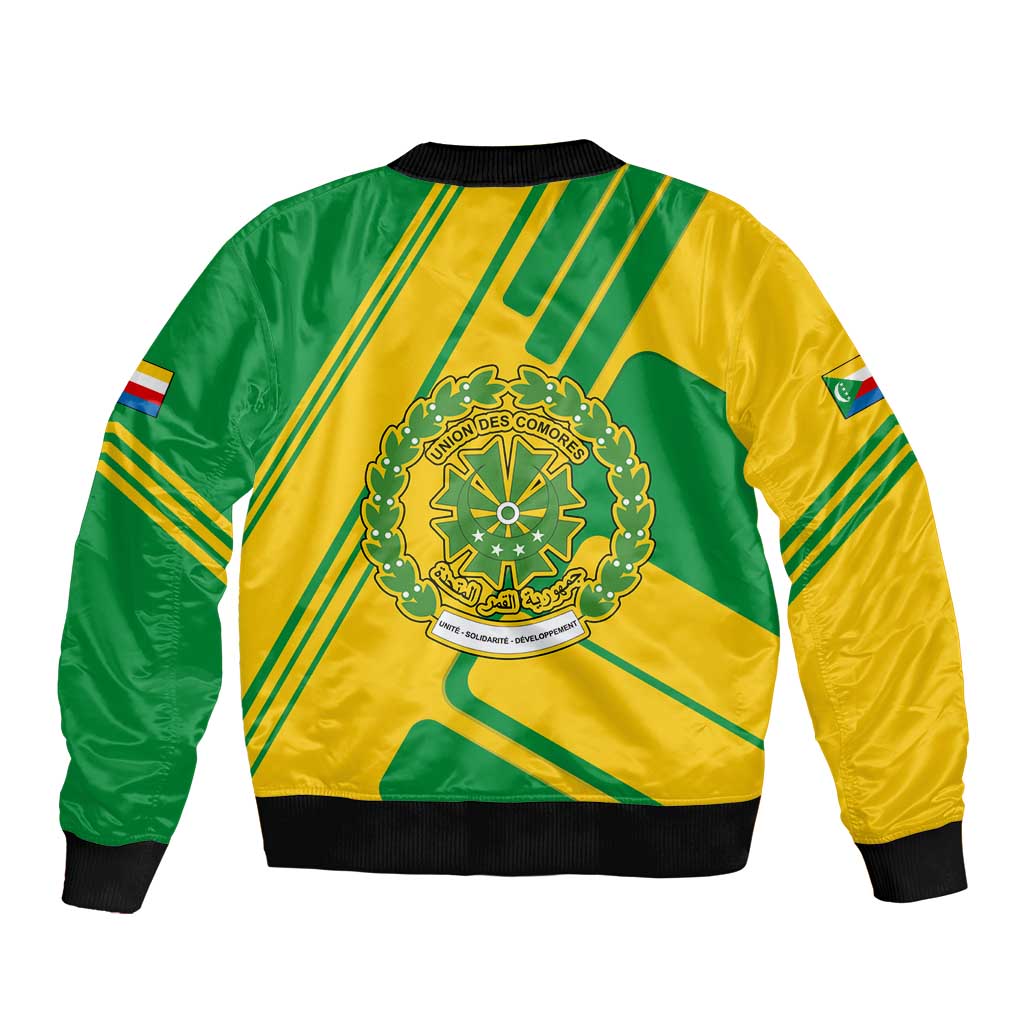 Comoros Flag Sleeve Zip Bomber Jacket with Green and Yellow Design and National Emblem