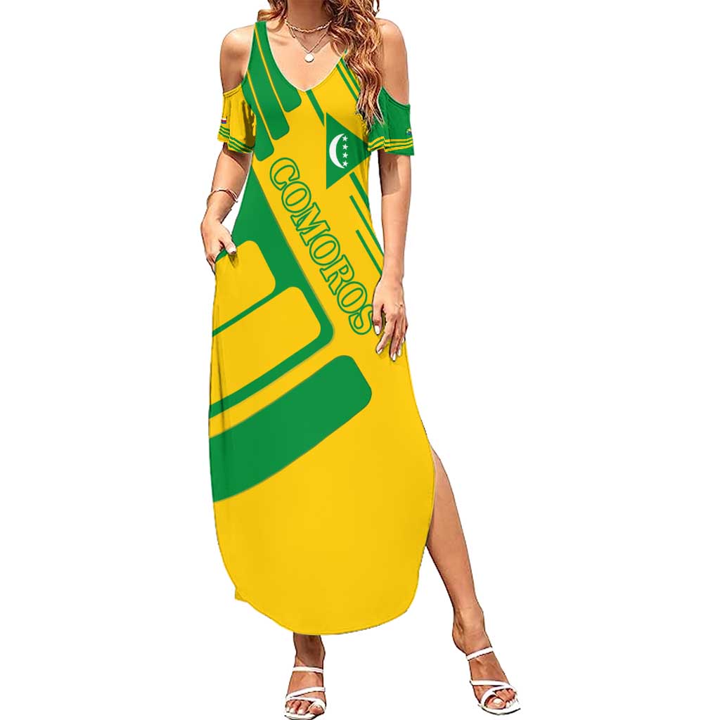 Comoros Flag Summer Maxi Dress with Green and Yellow Design and National Emblem