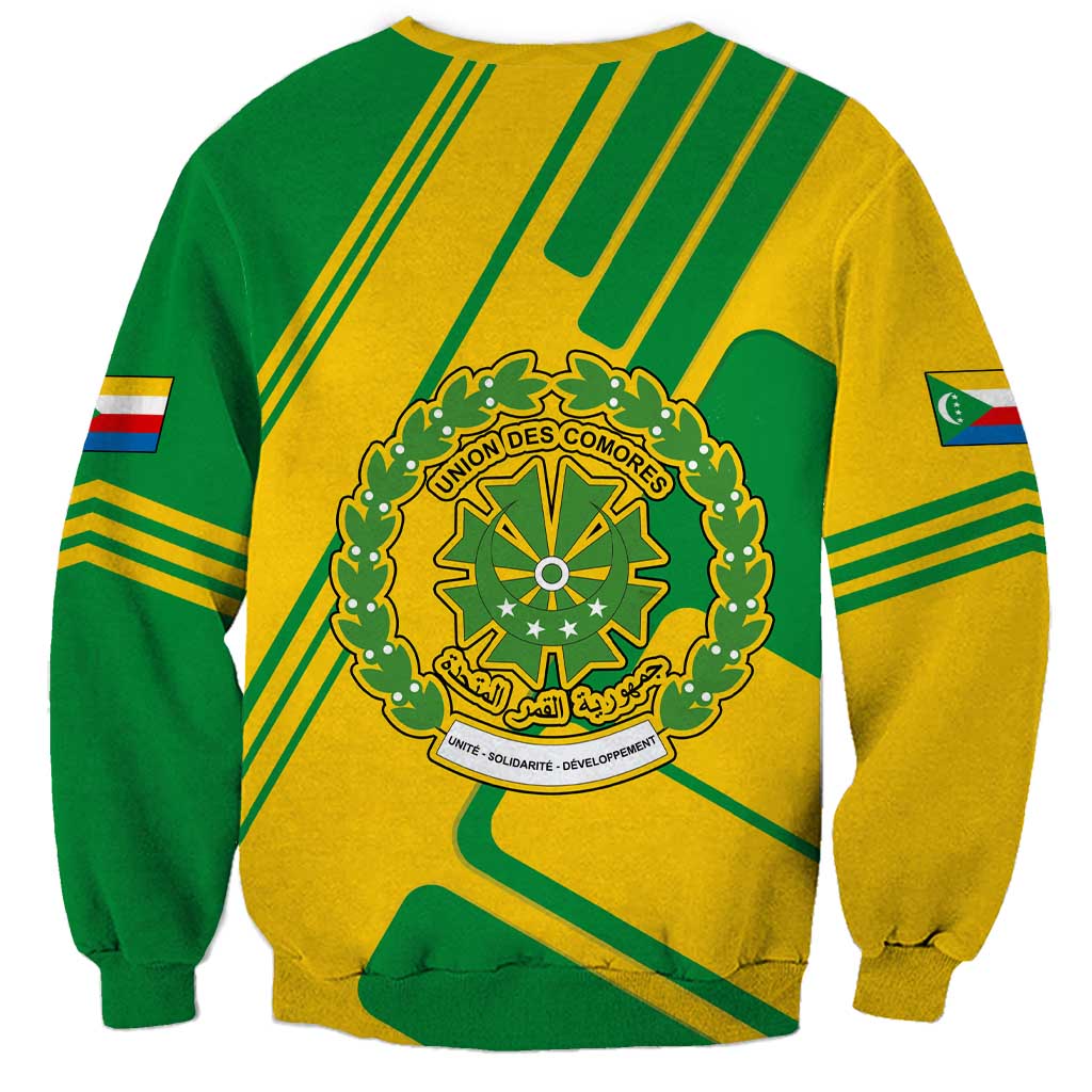 Comoros Flag Sweatshirt with Green and Yellow Design and National Emblem