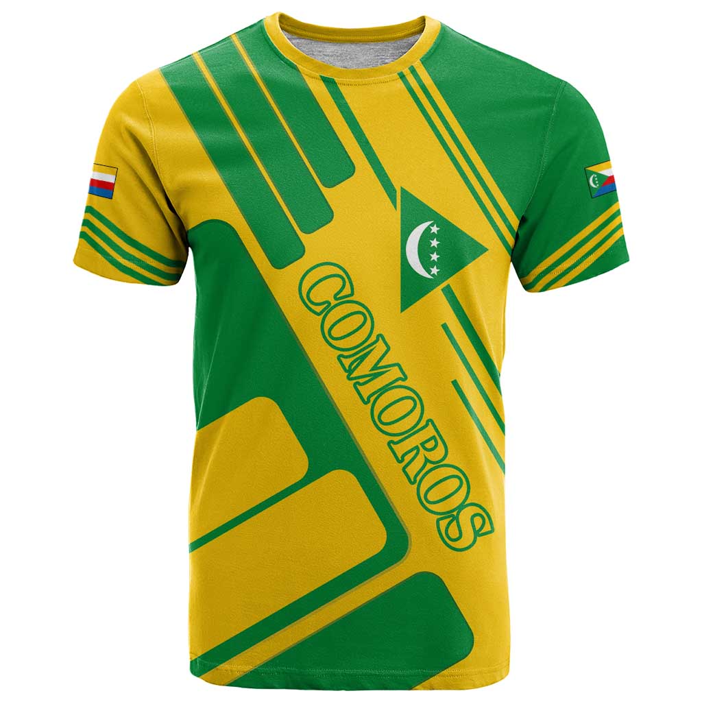 Comoros Flag T Shirt with Green and Yellow Design and National Emblem