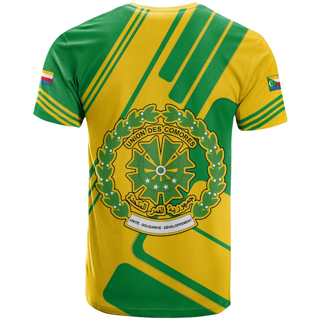 Comoros Flag T Shirt with Green and Yellow Design and National Emblem