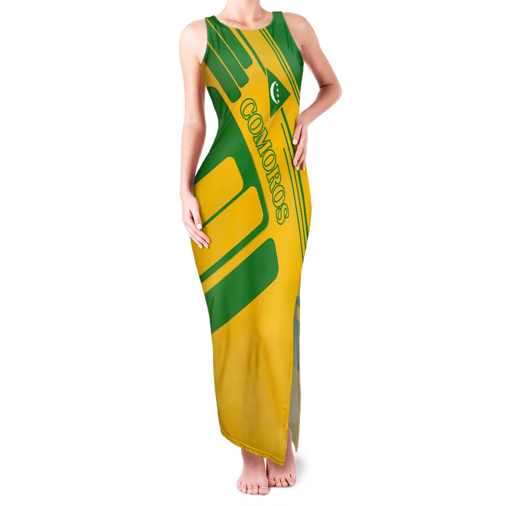 Comoros Flag Tank Maxi Dress with Green and Yellow Design and National Emblem